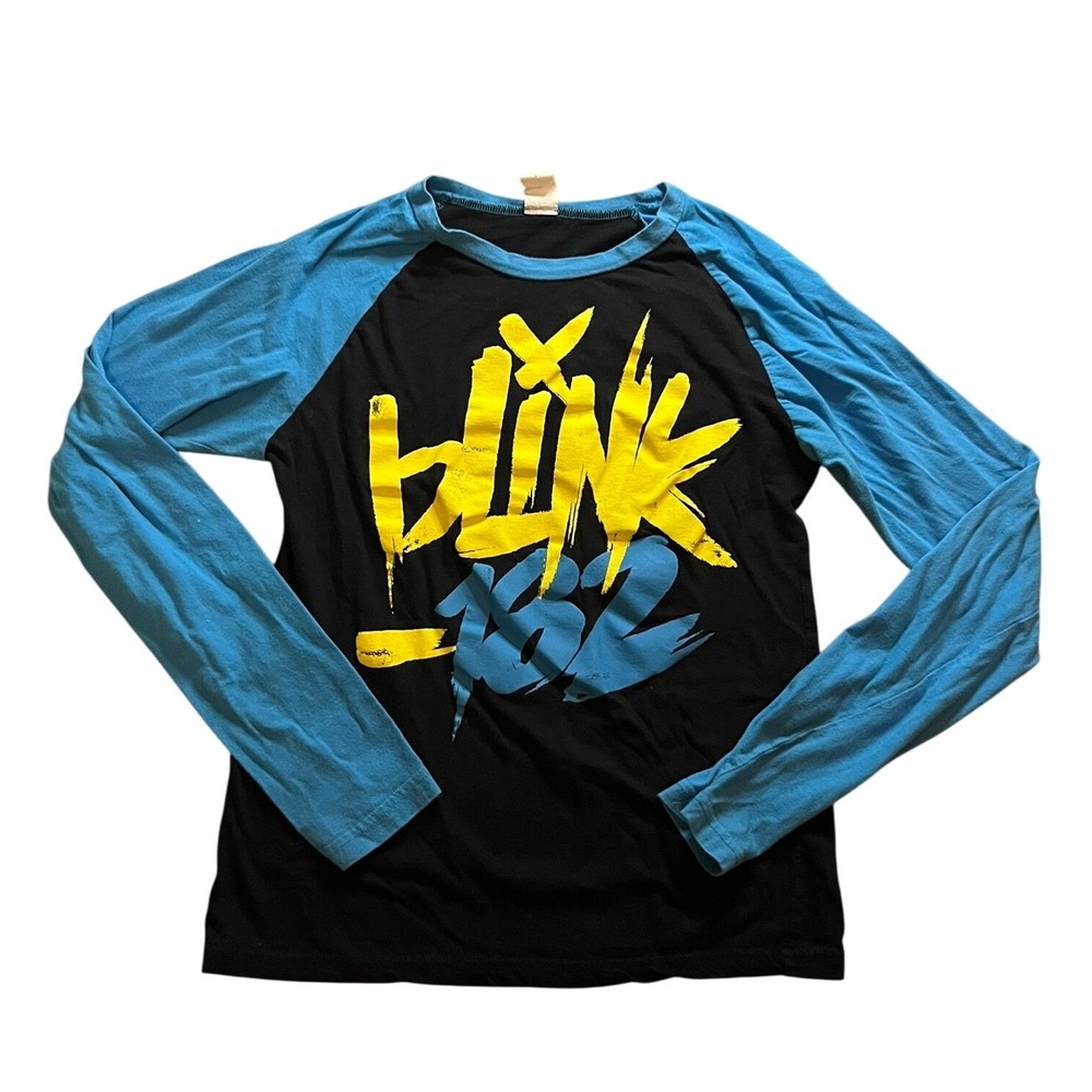Blink-182 Long Sleeve Raglan Graphic T-Shirt Black Blue Yellow Made in USA Small